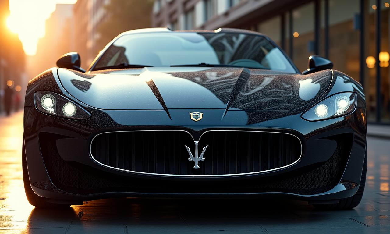 Um carro de luxo preto a brilhar depois de uma lavagem detalhada