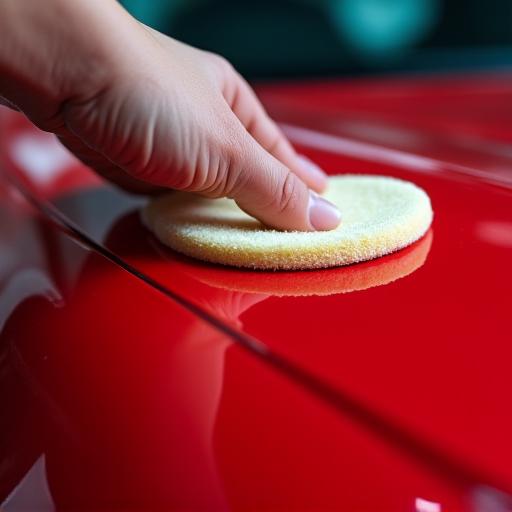 Profissional a aplicar cera num carro de cor vermelha